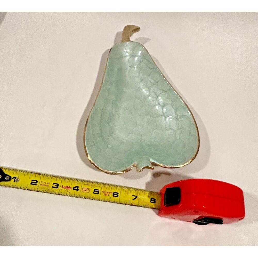 gold tone rimmed celadon blue/green ceramic pear plate trinket dish